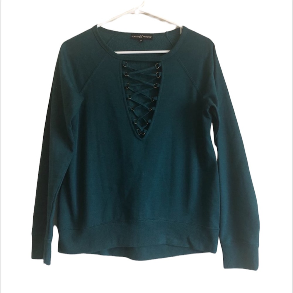 Almost Famous M Lace Up Front Long Sleeve Sweater V Neck Turquoise Green